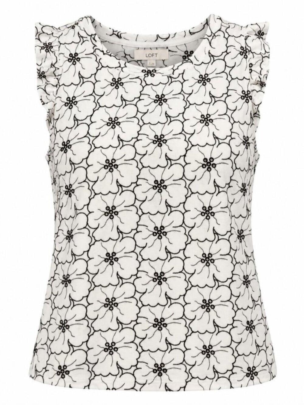 LOFT XL Floral Embroidery Eyelet Sleeveless White Black Ruffle Trim Blouse